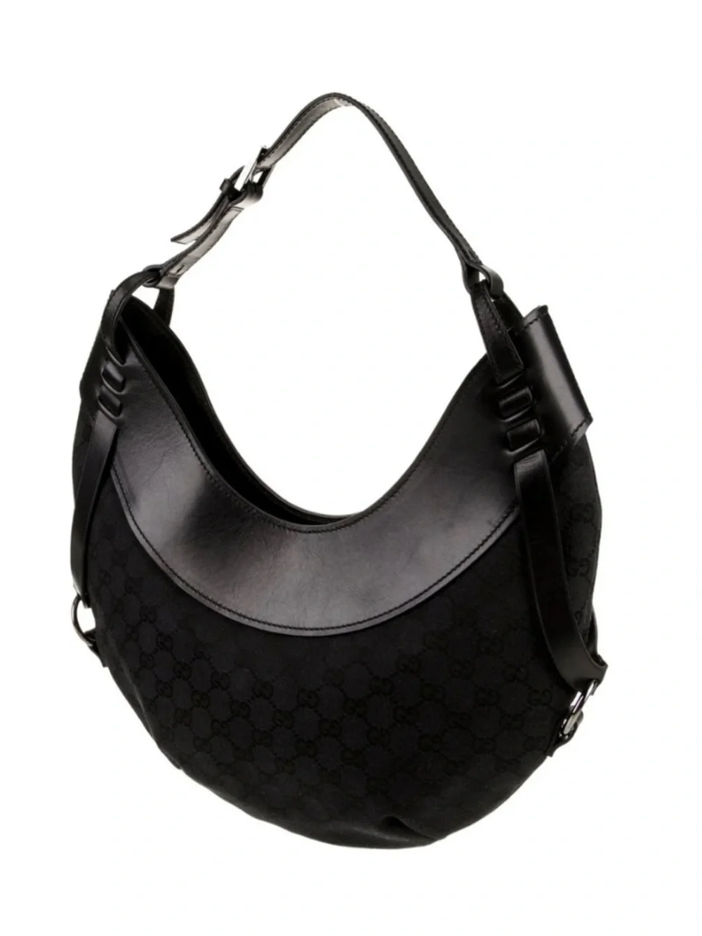 Gucci Black Crescent Hobo Bag with Monogram Canvas & Leather Trim